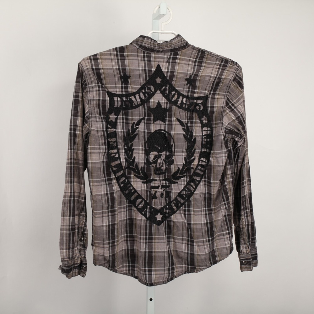 Affliction Shirt Mens Extra Large Gray Plaid Embroidered Skull Pockets * - Picture 3 of 12